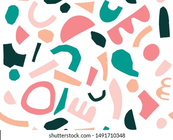 Hand drawn various paper cut shapes. Abstract contemporary seamless pattern. Modern trendy vector illustration. Stamp texture. Perfect for textile print