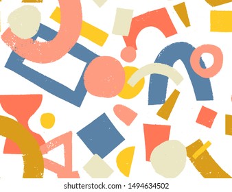 Hand drawn various paper cut shapes. Abstract contemporary seamless pattern. Modern trendy vector illustration. Stamp texture. Perfect for textile print
