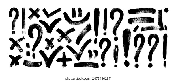 Hand drawn various punctuation signs, check marks, exclamation and question marks, brackets. Brush drawn bold sign collection. Doodle grunge style underline elements and rough punctuation symbols.