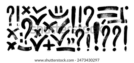 Hand drawn various punctuation signs, check marks, exclamation and question marks, brackets. Brush drawn bold sign collection. Doodle grunge style underline elements and rough punctuation symbols.