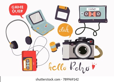 Hand drawn various retro devices. Colored vector set