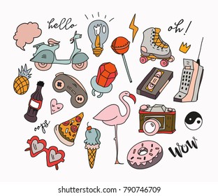 Hand drawn various retro objects. Colored doodle vector collection. All elements are isolated