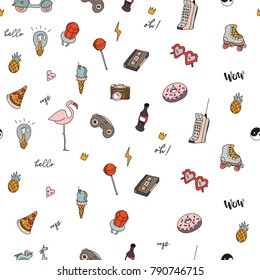 Hand drawn various retro objects. Doodle vector seamless pattern