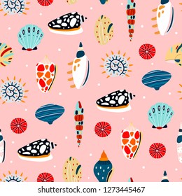 Hand drawn various seashells. Colored vector seamless pattern. Pink background