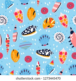 Hand drawn various seashells. Colored vector seamless pattern. Blue background