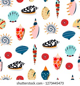 Hand drawn various seashells. Colored vector seamless pattern