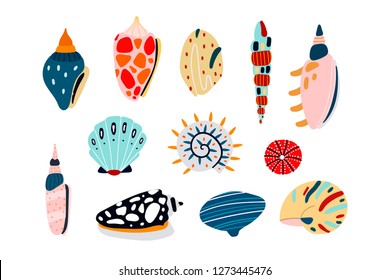 Hand drawn various seashells. Colored vector set. All elements are isolated