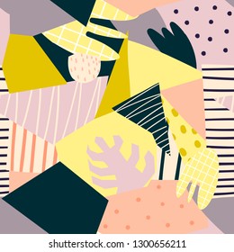 Hand drawn various shapes. Abstract contemporary seamless pattern. Modern patchwork illustration in vector