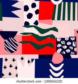 Hand drawn various shapes. Abstract contemporary seamless pattern. Modern patchwork illustration in vector