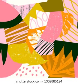 Hand drawn various shapes. Abstract contemporary seamless pattern. Modern patchwork illustration in vector. Perfect for textile prints.