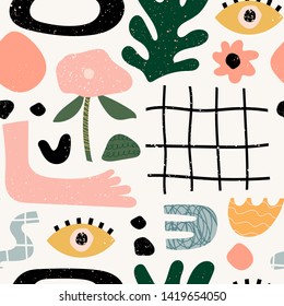 Hand drawn various shapes and doodle objects. Abstract contemporary modern trendy vector illustration. Stamp texture. Colorful seamless pattern
