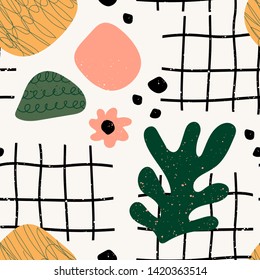 Hand drawn various shapes and doodle objects. Abstract contemporary modern trendy vector illustration. Stamp texture. Colorful seamless pattern