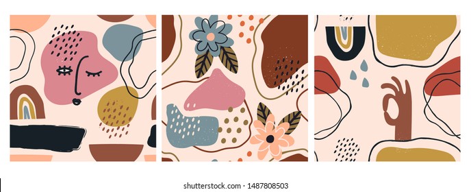 Hand drawn various shapes and doodle objects. Set of three abstract contemporary modern trendy vector seamless patterns. Perfect for textile prints. Every pattern is isolated