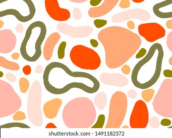 Hand drawn various shapes and doodle objects. Abstract contemporary modern trendy vector illustration. Stamp texture. Colorful seamless pattern