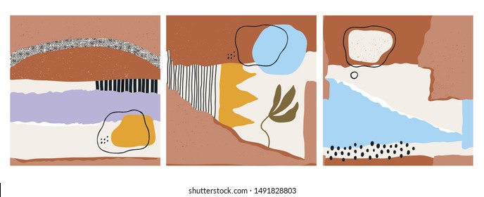 Dibujó a mano varias formas y objetos de garabatos. Conjunto de tres abstractos y modernos patrones vectoriales sin fisuras. Colores Pastel. Perfecto para impresiones textiles. Cada patrón está aislado
