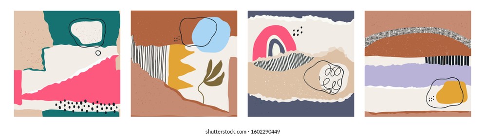 Hand drawn various shapes and doodle objects. Abstract contemporary modern trendy vector illustrations. Set of four Seamless patterns. Perfect for textile prints. All patterns are isolated