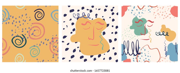 Hand drawn various shapes and doodle objects. Set of three abstract contemporary modern trendy vector seamless patterns for textile prints.