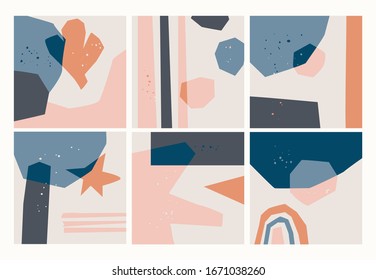 Hand drawn various shapes and doodle objects. Set of six Abstract Backgrounds. Paper cut style. Trendy Vector illustration. Perfect for textile prints. Every background is isolated 