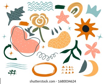 diverses formes dessinées à la main et des objets en gribouillis aux couleurs. Contemporain contemporain abstrait et tendance. illustration vectorielle