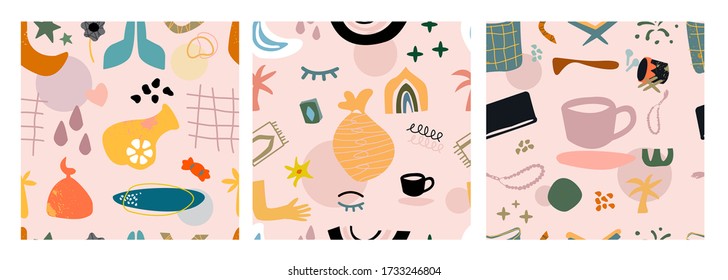 Hand drawn various shapes and doodle objects. Islamic themes. Set of three abstract contemporary modern trendy vector seamless patterns. Perfect for textile prints. Every pattern is isolated