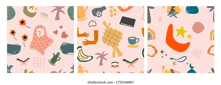 Hand drawn various shapes and doodle objects. Islamic themes. Set of three abstract contemporary modern trendy vector seamless patterns. Perfect for textile prints. Every pattern is isolated