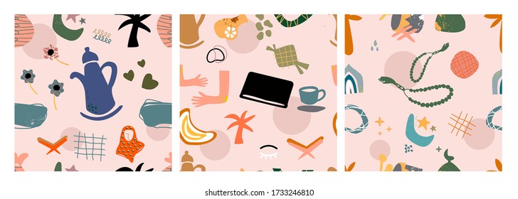 Hand drawn various shapes and doodle objects. Islamic themes. Set of three abstract contemporary modern trendy vector seamless patterns. Perfect for textile prints. Every pattern is isolated