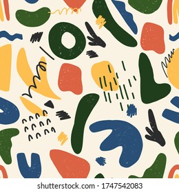 Hand drawn various shapes and doodle objects. Abstract contemporary modern trendy vector illustration.  Seamless pattern. Yellow,green,orange.