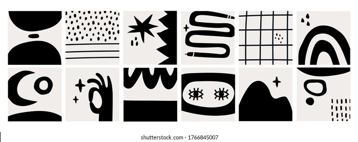 Hand drawn various Shapes and Doodle objects. Abstract contemporary modern trendy Vector illustrations. Big Set of Patterns, Backgrounds, Wallpapers. Black monochrome concept. Dark theme