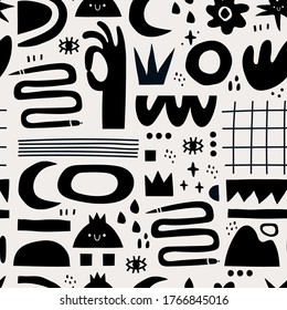 Hand drawn various Shapes and Doodle objects. Abstract contemporary modern trendy Vector illustration. Repeating Seamless Pattern. Background, Wallpaper. Black monochrome concept. Dark theme