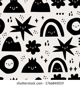 Hand drawn various Shapes and Doodle objects. Abstract contemporary modern trendy Vector illustration. Repeating Seamless Pattern. Background, Wallpaper. Black monochrome concept. Dark theme