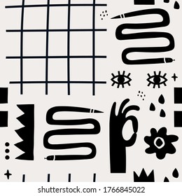 Dibujaron a mano varias formas y objetos Doodle. Resumen de la moderna y moderna ilustración de Vector. Repetir el patrón sin inconvenientes. Fondo de escritorio. Concepto monocromo negro. Tema oscuro