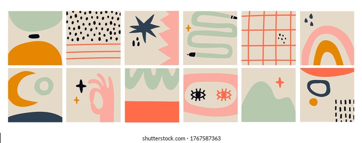 Hand drawn various Shapes and Doodle objects, snakes, eyes, moon. Abstract contemporary modern trendy Vector illustrations. Big Set of isolated Patterns, Backgrounds, Wallpapers. Pastel colors