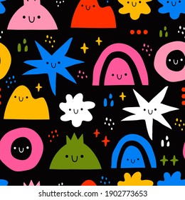 Hand drawn various Shapes and Doodle objects. Abstract contemporary modern trendy Vector illustration. Repeating colorful Seamless Pattern. Background, Wallpaper