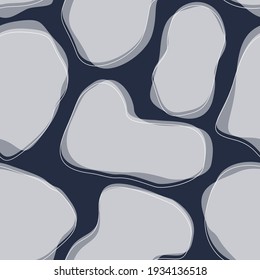 Hand drawn various shapes and doodle objects. Abstract contemporary modern trendy vector illustration. Monochrome seamless pattern on dark background.