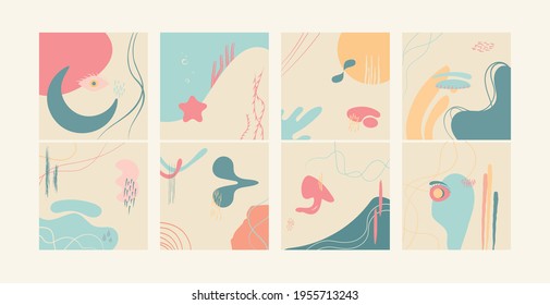 Hand drawn various shapes and doodle objects. Contemporary modern trendy vector illustrations.Pastel colors