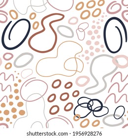 Hand drawn various shapes and doodle objects. Abstract contemporary modern trendy vector illustration. Colorful seamless pattern on white background.