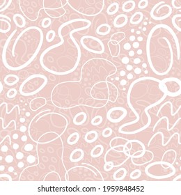 Hand drawn various shapes and doodle objects. Abstract contemporary modern trendy vector illustration. Monochrome seamless pattern on pink background.