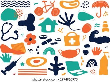 Hand drawn various shapes,  doodle objects, and Covid 19 Theme. Abstract design doodles vector illustration.