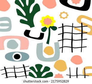 Hand drawn various shapes and doodle objects. Abstract contemporary modern trendy vector illustration. Stamp texture. Colorful seamless pattern