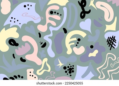 Hand drawn various shapes and doodle objects. Abstract contemporary modern trendy vector illustration. Vector elements isolated on a green background.
