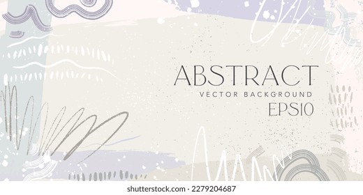 Hand drawn various shapes and doodle objects as subtle horizontal background. Abstract contemporary modern trendy vector illustration. Brush strokes light colors composition.