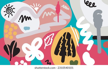 hand drawn various shapes and doodle objects. Abstract contemporary modern trendy vector illustration.