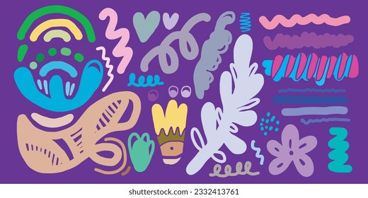 hand drawn various shapes and doodle objects. Abstract contemporary modern trendy vector illustration.