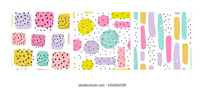 Hand drawn various shapes, dots and drops. Set of three abstract contemporary seamless patterns. Modern trendy vector illustration. Perfect for textile prints. Every pattern is isolated