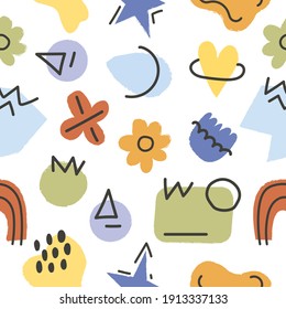 Hand drawn various shapes and floral doodle objects. Abstract trendy vector illustration pattern. Cute and modern wallpaper, fabric and packaging design. Collage design elements set Perfect for textile