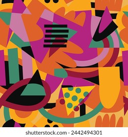 Hand drawn various shapes and leaves, spots, dots and lines. Different colors. Abstract contemporary seamless pattern. Modern patchwork illustration in vector
