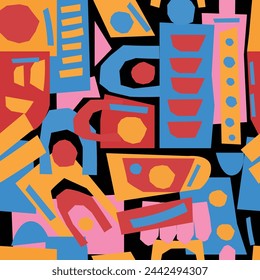 Hand drawn various shapes and leaves, spots, dots and lines. Different colors. Abstract contemporary seamless pattern. Modern patchwork illustration in vector