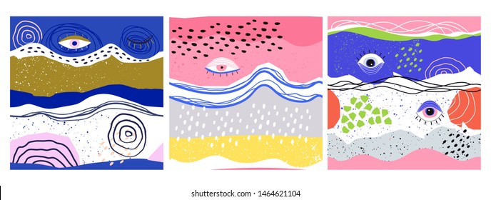 Hand drawn various shapes, lines, spots, dots, curves and eyes. Bright colors. Set of three abstract contemporary seamless patterns. Modern patchwork illustrations in vector. Every pattern is isolated