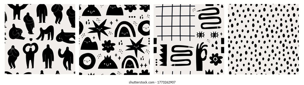 Hand drawn various Shapes, objects, dots, shadows. Abstract contemporary modern trendy Vector illustrations. Set of four Seamless Patterns, Backgrounds, Wallpapers. Black monochrome concept - Shutterstock ID 1773262907