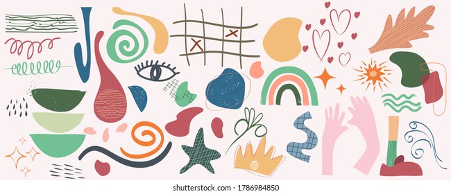 hand drawn various shapes and objects for background. set of doodle Abstract contemporary modern trendy. vector illustration